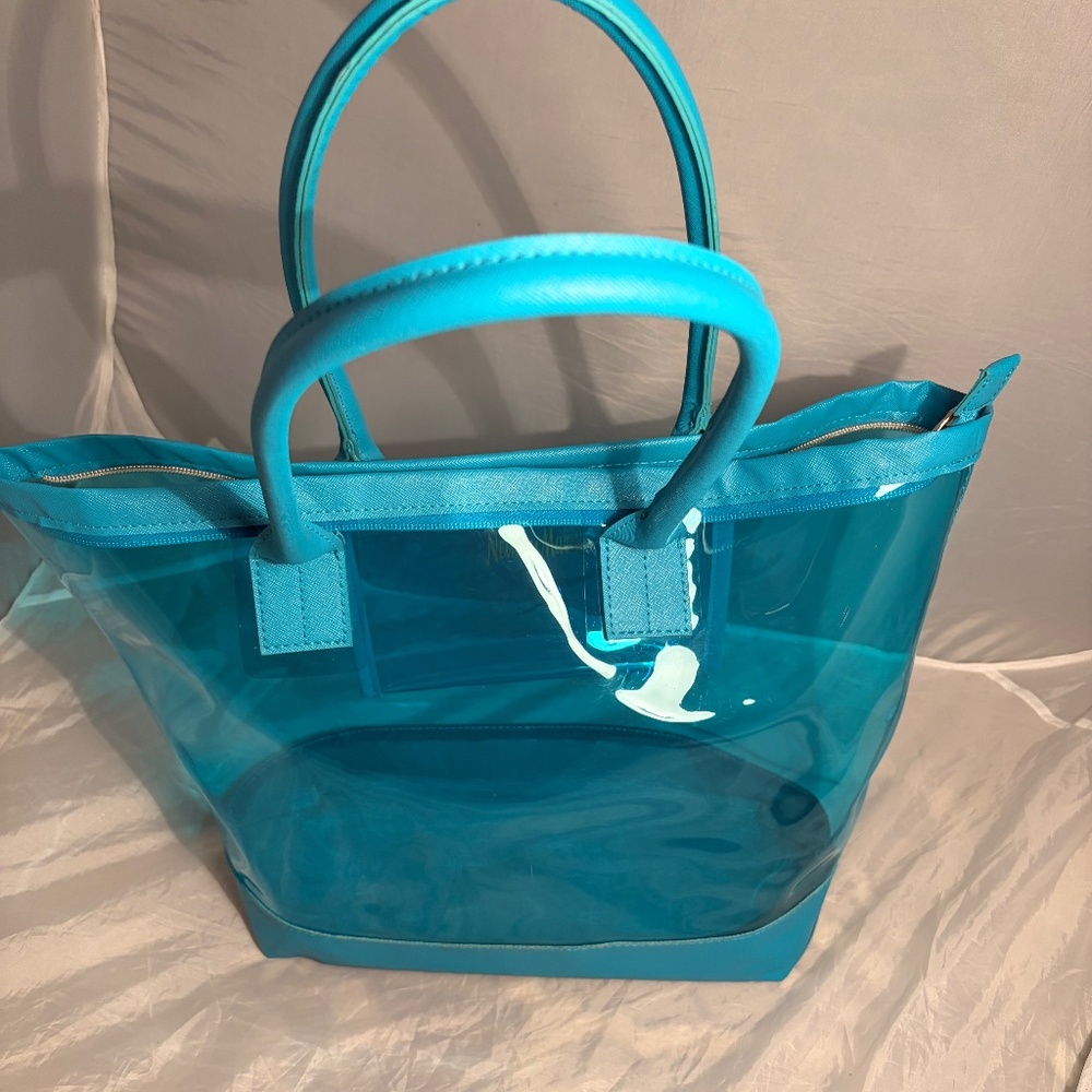 NM Y2K Neiman Marcus Women's Clear PVC Shoulder Shoulder Aqua Tote with Zipper